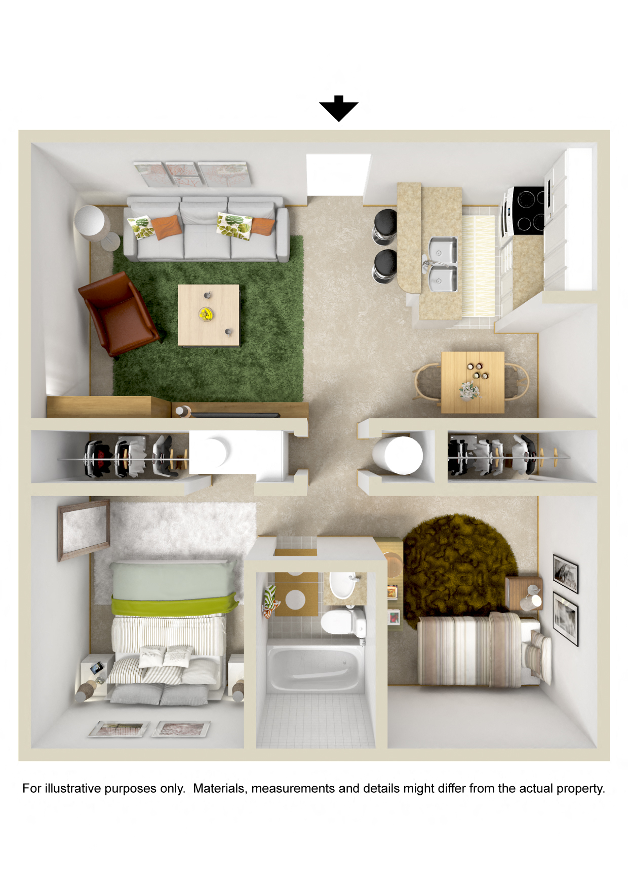 Floor plan for 2 beds, 1 bath, 850 sqft